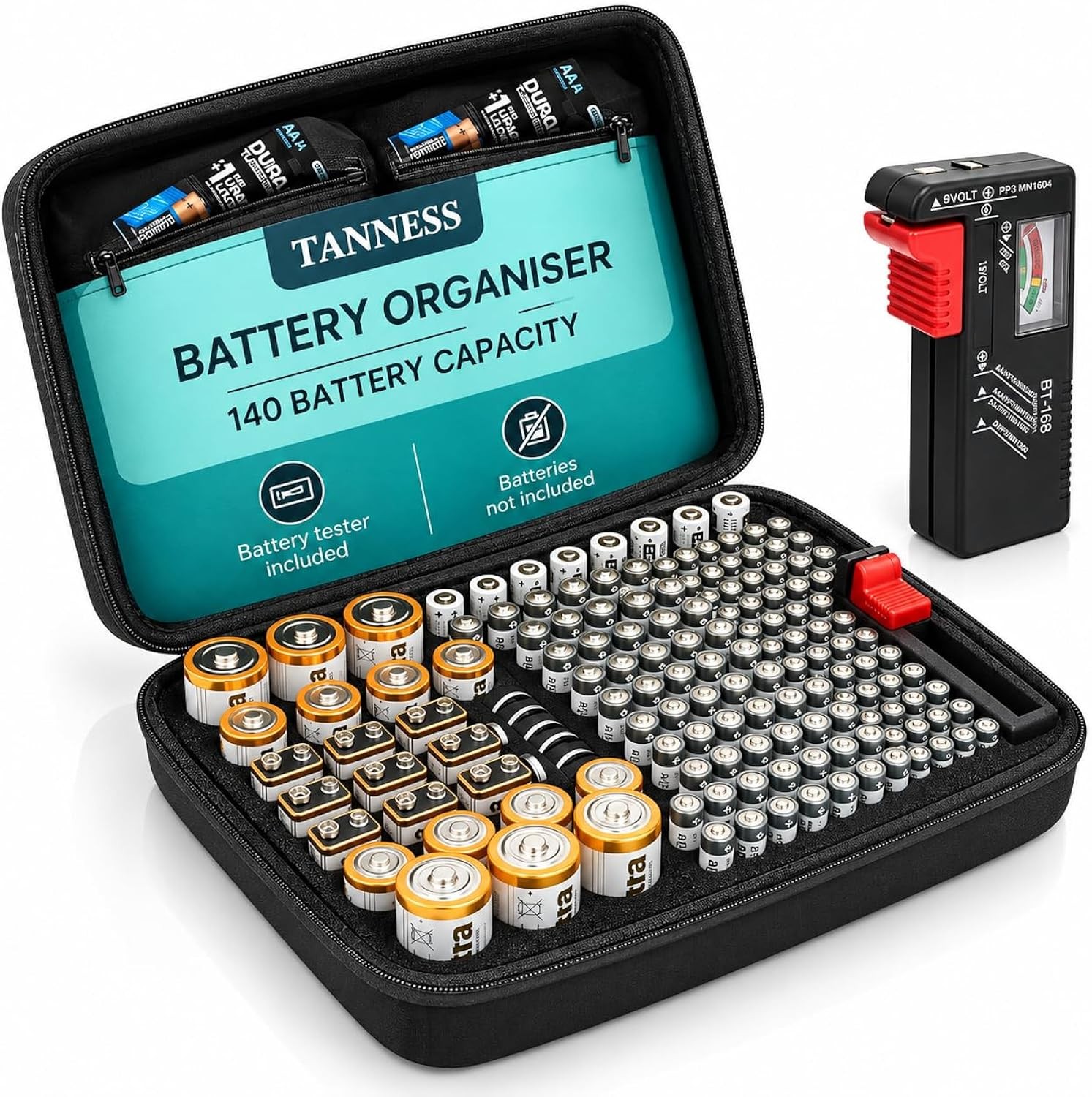 Tanness 140 Battery Organizer Storage Case with Tester - Large Capacity Black - Image 4