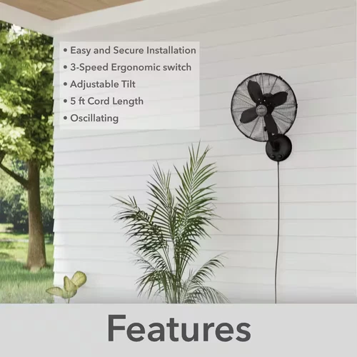 Classic 16 In. 3-Speed Wall Fan in Matte Black with Oscillation and Adjustable H - Picture 5 of 11