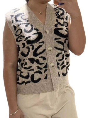 Damen Leopard Knopfleiste Pullover Weste Gepard Print Ärmellos Büro Strick5577