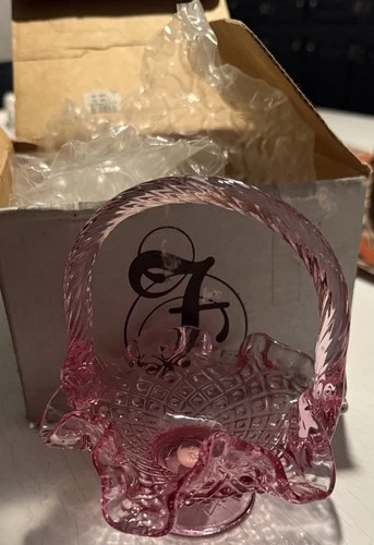 Vintage Fenton Rose Bowl Pink Diamond Dot Basket Ruffled Edges Braided W/ Box