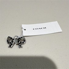 Coach Silver Tone Metal Bow Charm Key Chain w/ Black Rhinestones Key Ring