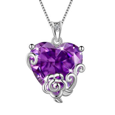Damen Herz Halskette Februar Geburtsstein Amethyst Sterlingsilber CZ Anhänger W