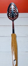 Vintage EKCO Stainless Steel Slotted Spoon w/ Wood Grain Handle - Made in USA