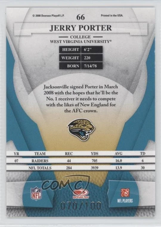 2008 Leaf Certified Materials Mirror Red /100 Jerry Porter #66 - Image 2 of 2