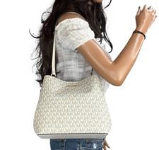 Michael Kors Pratt Medium Shoulder Tote Bucket Bag MK Light Cream Multi