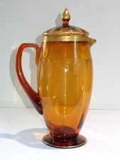 Tiffin Amber Glass Cov'd Lidded Pitcher Melrose Etched Gold Encrusted