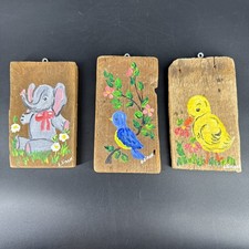 Vintage Set of 3 Hand Painted Animal Wall Decor Nursery Kids Room Birds Elephant