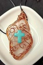 Artisanal Jewelry Pink Sea Glass With Turquoise Cross Pendant Item 2612