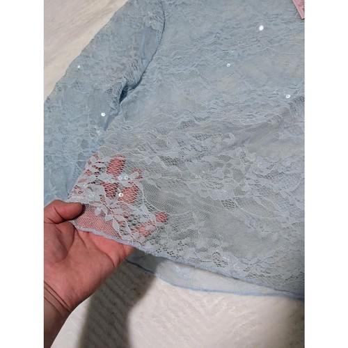 Blue Lace Sequin Long Sleeve Top Size L - Picture 7 of 8