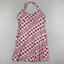 One Step Up Dress Womens Large Pink White Tablecloth Plaid Halter Beachy Sun