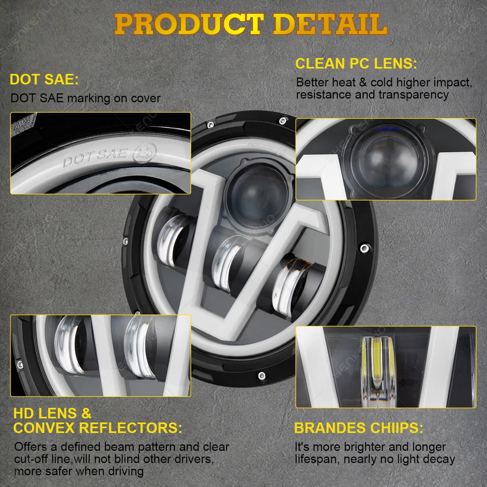 Pair 7" Inch Round LED Headlights Halo Angle Eyes For Jeep DJ5 1965-1973 - Image 3 of 4