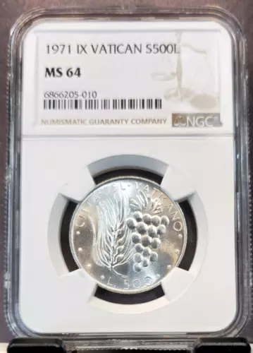 1971 VATICAN SILVER 500 LIRE WHEAT & GRAPES NGC MS 64 BRIGHT BU BEAUTY