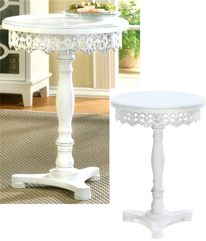 21" TALLADO SHABBY CHIC MADERA DE PINO BLANCO FLORECER PEDESTAL MESA DE ACENTO FINAL ** NUEVO EN CAJA Foto 3 de 4