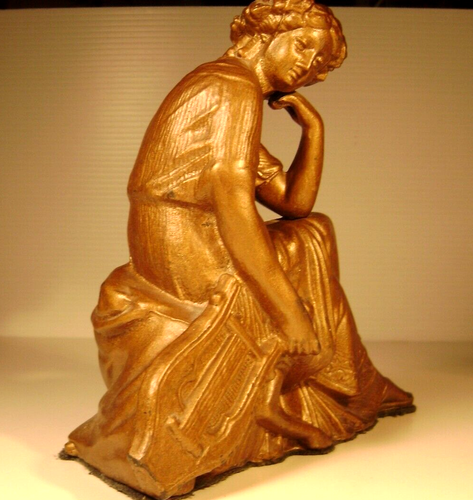 VICTORIAN CAST METAL STATUE OF ERATO THE GODDESS OF THE MUSES WITH HER LYRE - Picture 2 of 9