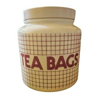 Tea Bag Jar 1970s made in Belgium 6in hx5.5in w White milk glass & red