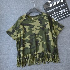Women Camouflage Cotton Shirt Top Blouse Fringe Tassel Casual Loose Tees Summer