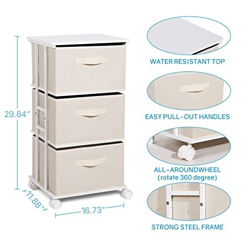 Dresser Tower with 3 Drawers,Fabric Dresser Classic Drawer Dresser Beige - Picture 3 of 6