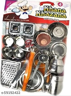 Steel Kitchen Set No 4 for Kids, stainless steel with wooden Chakla Belan,