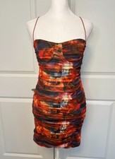 Pretty Little Thing Multi Print Mesh Cup Body Con Ruched Dress Size 2 NWT