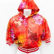 Vgt Y2K Ed Hardy Style Italian Designer Red Cropped Graphic Mesh Bomber Jacket S