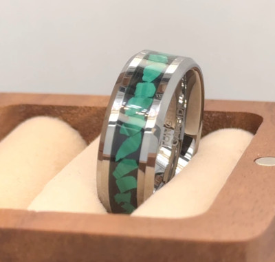 Hubby-Wifey Gifts Silver Tungsten Anniversary Band Malachite Chips Inlay Ring