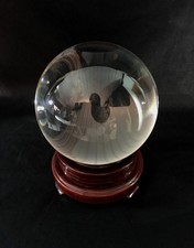Clear crystal ball, 6", 150mm, with wooden stand, scrying glass,