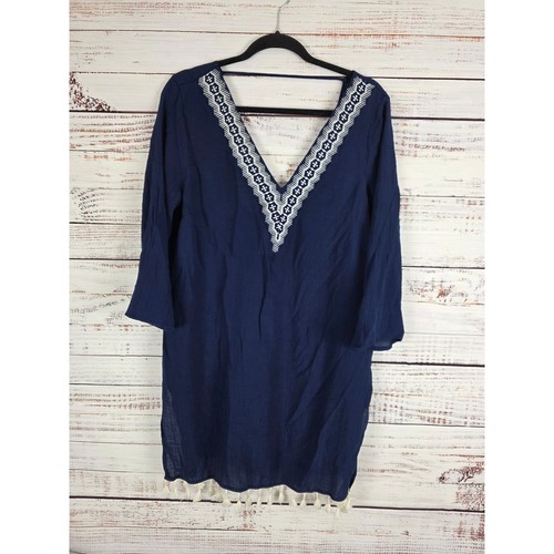 Kona Sol Swimsuit Cover Up XL Womens Blue Sheer Long Sleeve V Neck Pullover - Picture 1 of 7