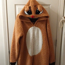 Unisex Reindeer Christmas Fleece Hooded Zip One Piece Pajama Sleeper-Medium