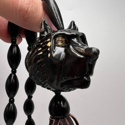 Vintage Prison Art Prayer Beads Bakelite Wolf Head Leather Tassel Hand Made Rare