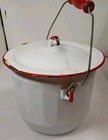 VINTAGE ANTIQUE ENAMEL CHAMBER POT WHITE WITH RED TRIM HAS LID AND WOOD HANDLE — photo 3
