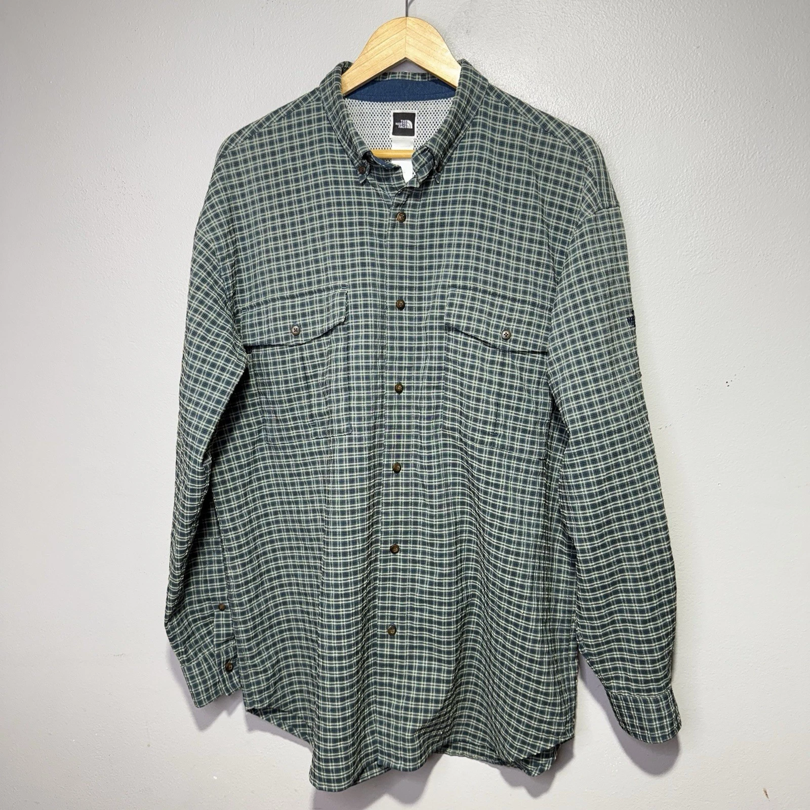 The North Face Shirt Men’s Large Green Beige Plaid Long Sleeve Outdoor Button Up