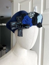 ALESSANDRA BACCI Navy 100% Wool Rosette Floral Crochet Bow Italy Beret Hat NWT