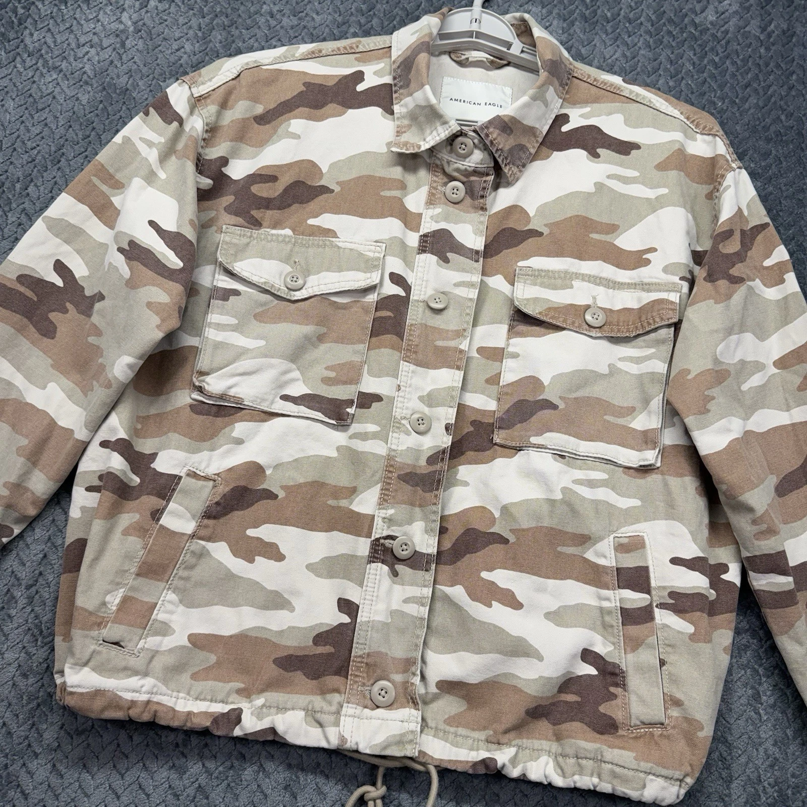 American Eagle Women’s Camo Utility Jacket Medium Cotton Drawstring Hem Shacket