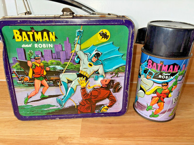 1966 Batman and Robin Lunchbox & Thermos Nice Color Graphics MCM MOD Aladdin
