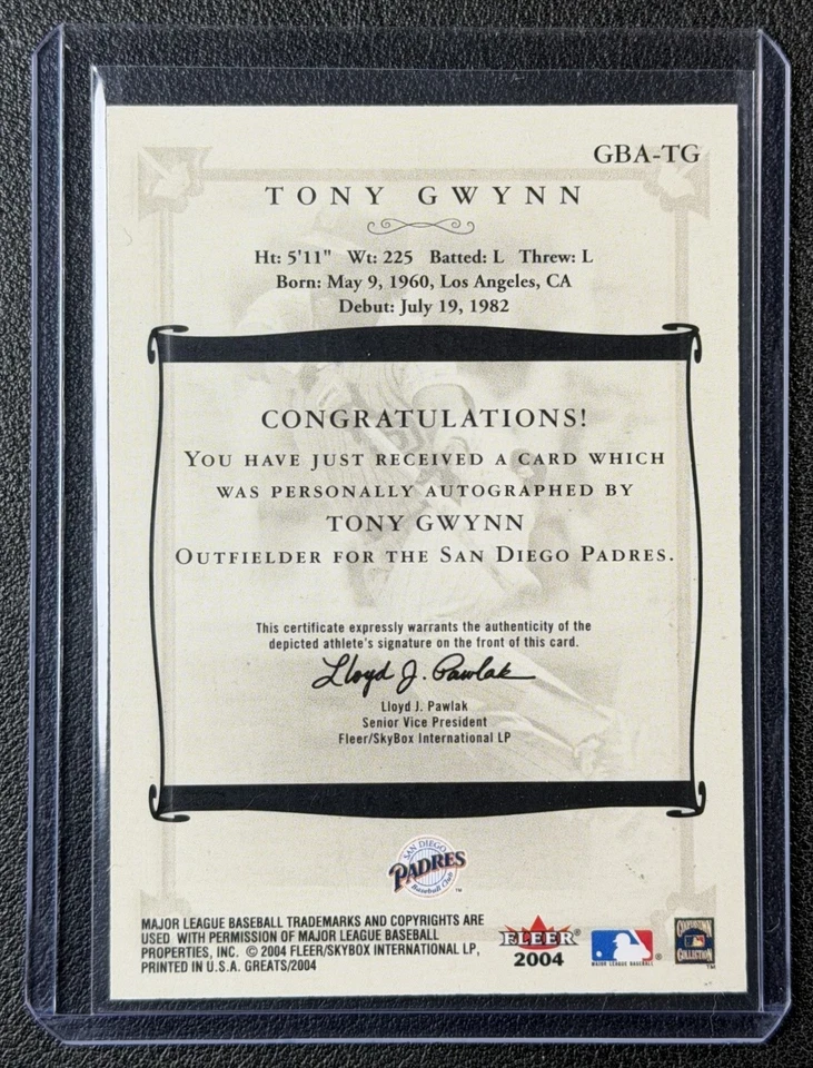 TONY GWYNN 2004 FLEER GREATS OF THE GAME BASEBALL #GBA-TG AUTO PADRES HOF - Image 2 of 2
