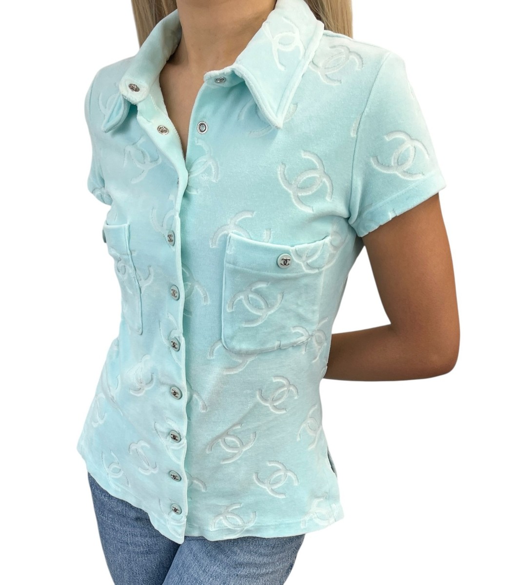 CHANEL Vintage 96A CC Logo Snap Button Velour Shirt Top #38 Light