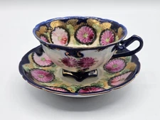 VTG Unsigned Hand Painted Nippon Teacup & Saucer Cobalt Blue Floral Gilt Design