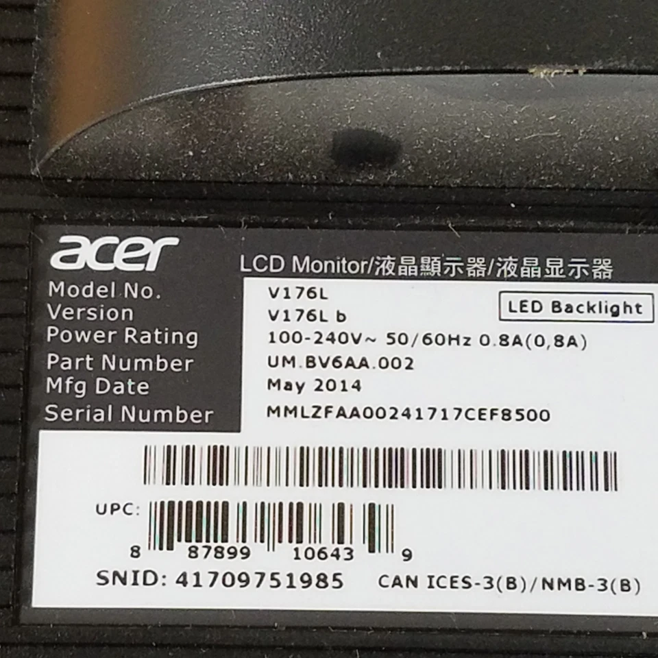 Acer V176L, LCD Computer Monitor, 17" Screen - USED - Image 3 of 4