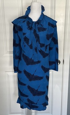 Sandro Paris 100% Silk Dress Two-Tone Blue Crane Ruffle Hem Size 10 (US)
