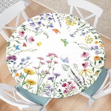 Spring Summer Round Fitted Tablecloth with Elastic Edge Watercolor Floral Out...