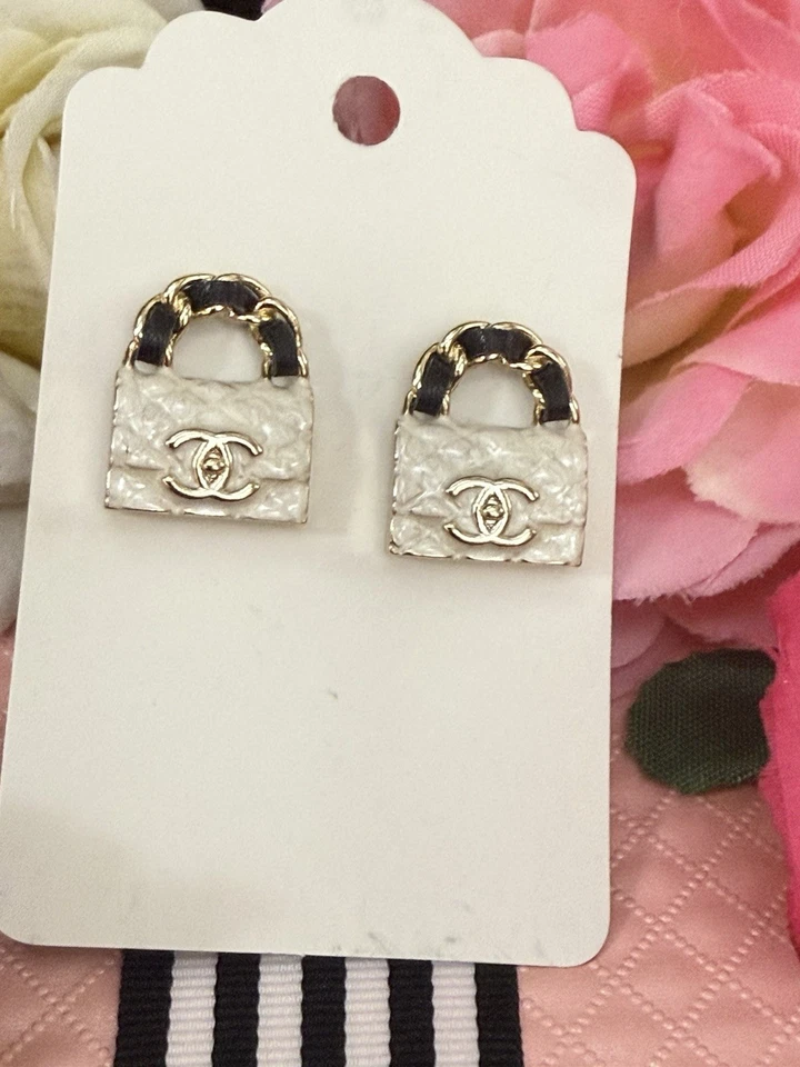 Chanel  Authentic S23A Pearly White Black Quilted Bag Gold CC Logo Stud Earrings - Image 2 of 4