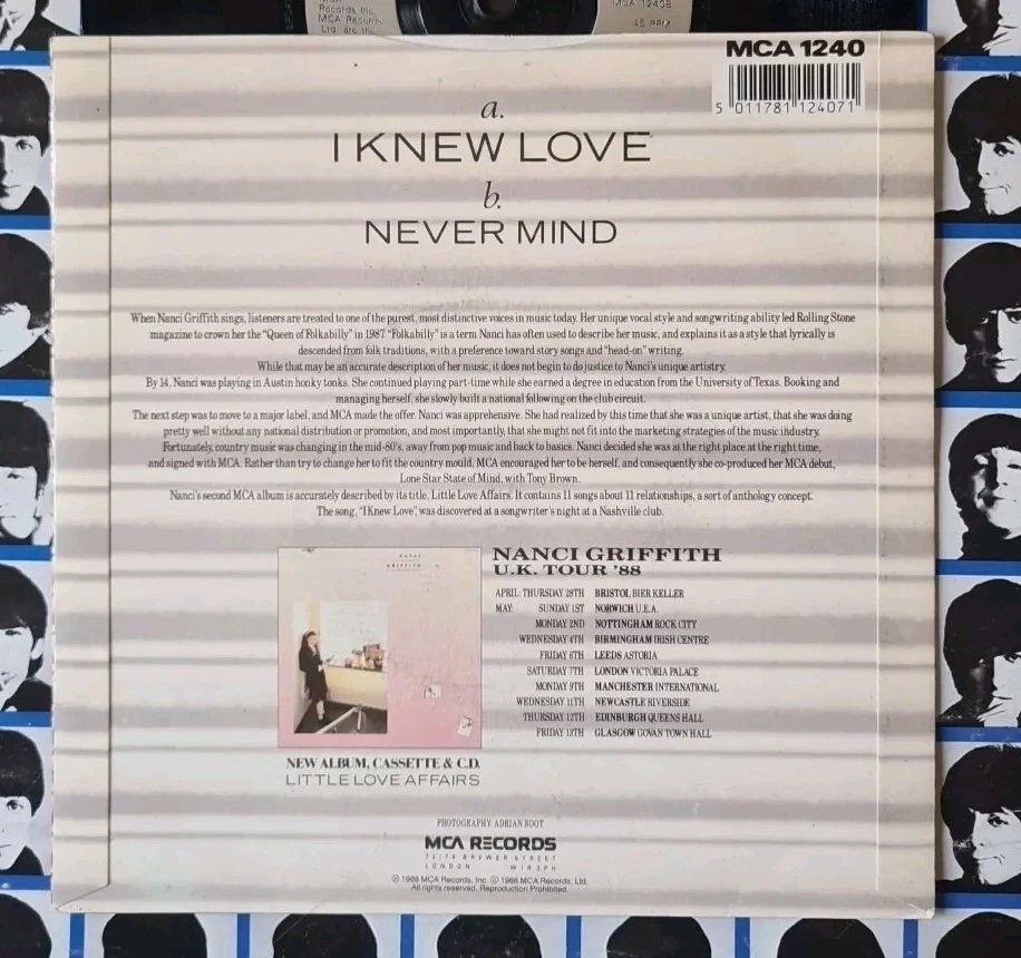 Nanci Griffith I Knew Love / Never Mind UK PS 7" Vinyl 45 - Image 2 of 4