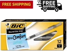 BIC Round Stic Grip Xtra Comfort Black Ballpoint Pen Fine Point (0.8mm) 12 Count