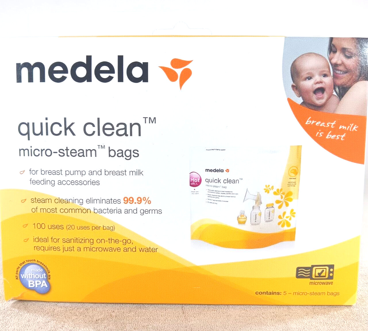 NEW Breast Feed Quick Clean Micro-steam Bags 5 Count 100 Uses BPA Free By Medela