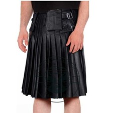 Handmade Casual Black Leather Kilts For Men's With Side Adjustable Buckle Tabs
