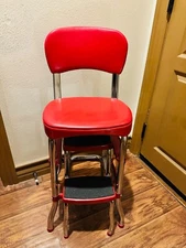 Cosco Red Chrome Kitchen Step Stool Farm Chair Plant Stand Vinyl