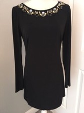 VINCE CAMUTO~6~BLACK LONG SLEEVE COCKTAIL-PARTY DRESS-RHINESTONE-BEADED NECKLINE