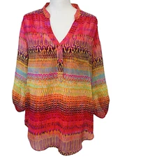 Ab Studio Pop Over Top Woman XL Pink Geometric Sheer Lined Roll Tab Colorful