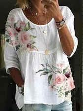 Womens Cotton Linen Floral Tunic Tops Blouse Ladies Boho Loose Summer T-Shirt