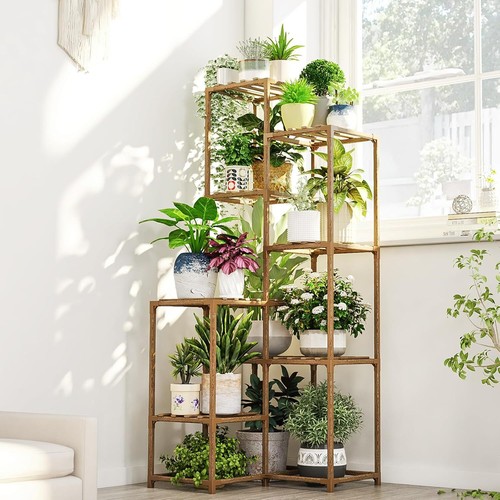 Bamworld Plant Stand Indoor Outdoor Corner Shelf 54.7" Tall Brown